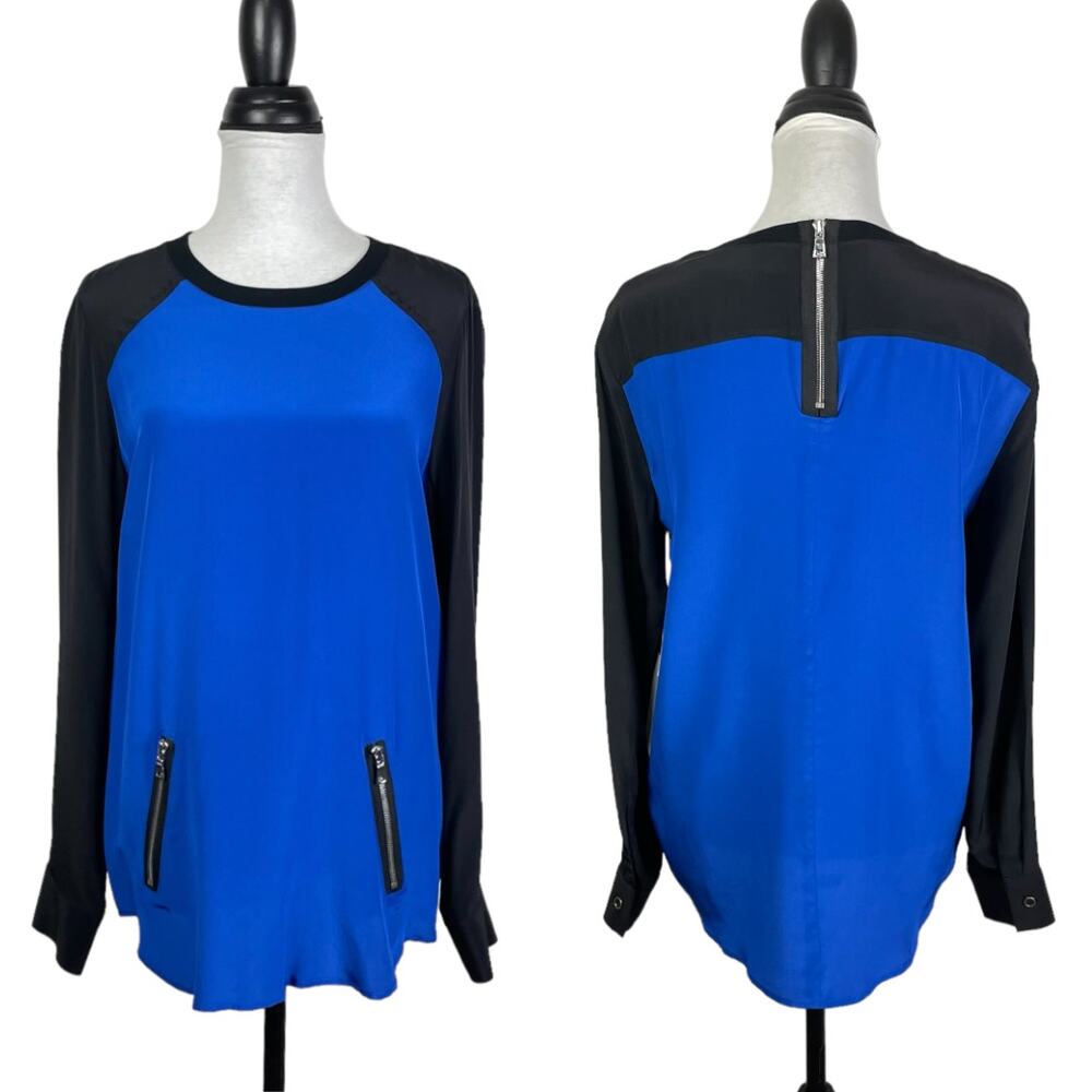 Fifteen Twenty | NWT Blue Black Colorblock Zipper Long Sleeve Flowy Silk Blouse